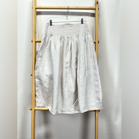 RACHEL ASHWELL Khaki 💯 Linen smocked waist full skirt size L - Picture 1 of 8
